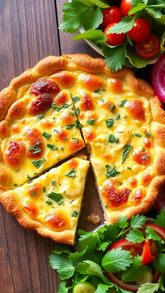 A golden-brown Gorgonzola cheese quiche with a flaky crust, garnished with parsley, served on a wooden table with a slice cut out.